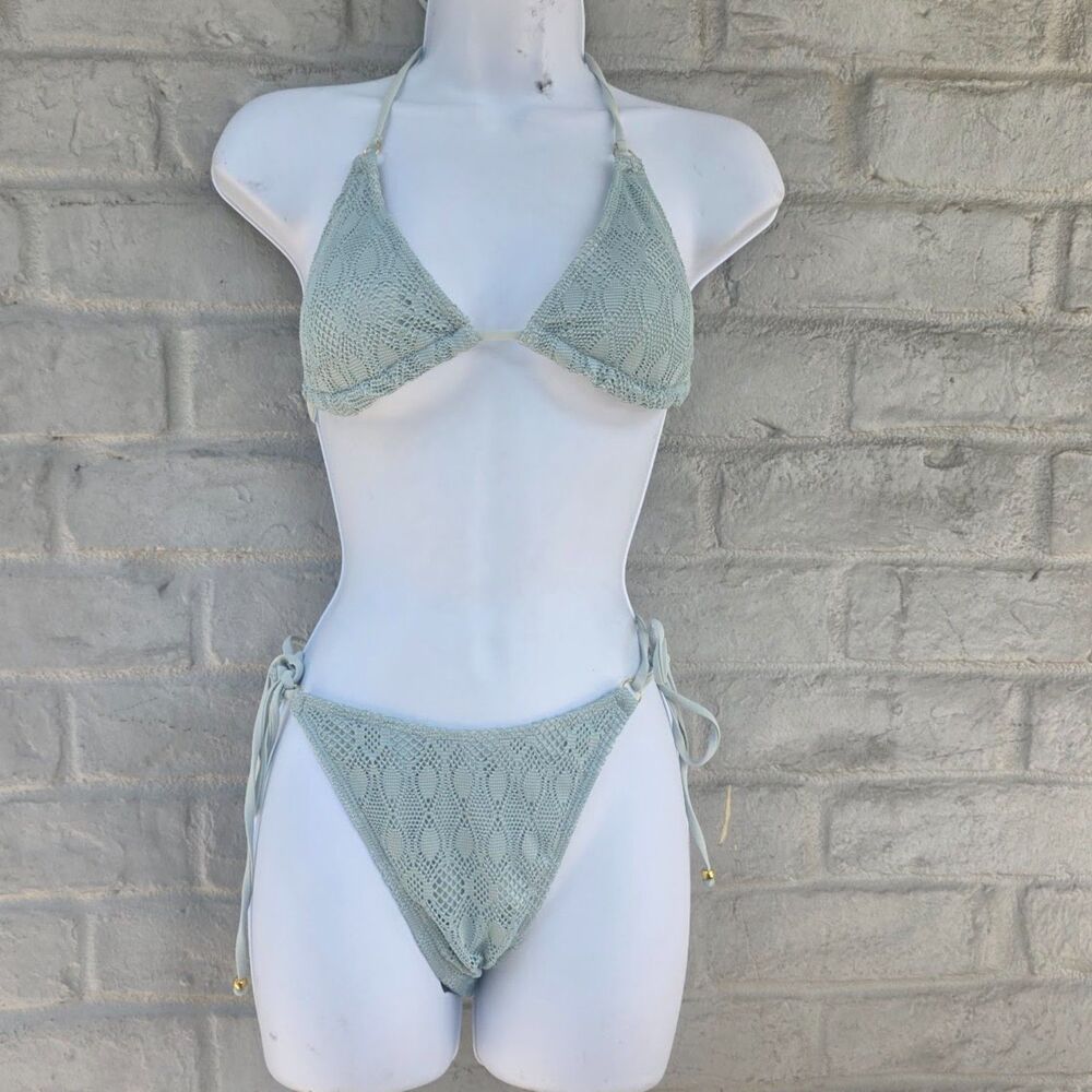 Zaful Sage Green Crochet Lace Bikini Set Size S US 4 Side Tie Two Piece Swimsuit